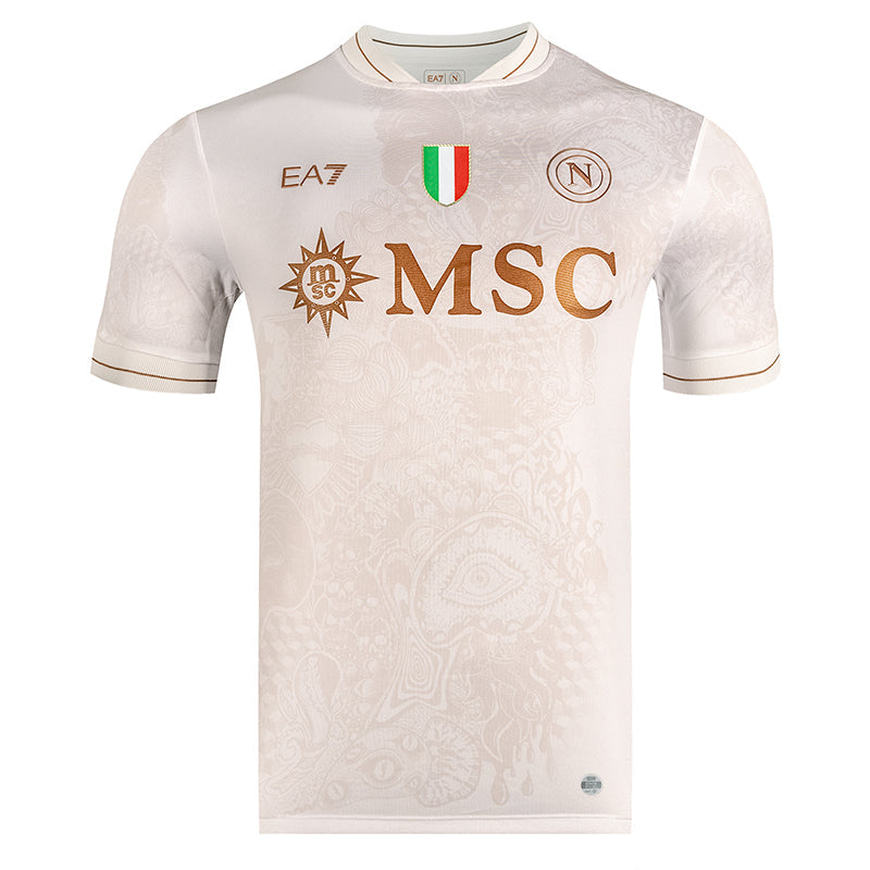 Camisola Napoles alternativo branca 2025/26 com detalhes em dourado e logo do Napoli.