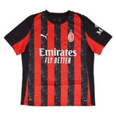 Camisola AC Milan Home 2025/26 com listras vermelhas e pretas e logo da Emirates
