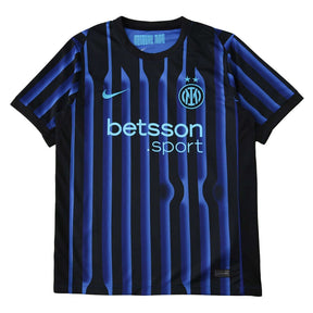 Camisola Inter de Milão Home 2025/26 com listras pretas e azuis, logo Nike e patrocínio Betsson.