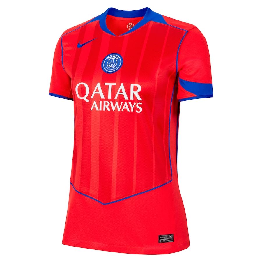 Camisola PSG terceira FEMININA 2025/26 laranja TOTAL 90 com logo da Nike e patrocínio Qatar Airways.