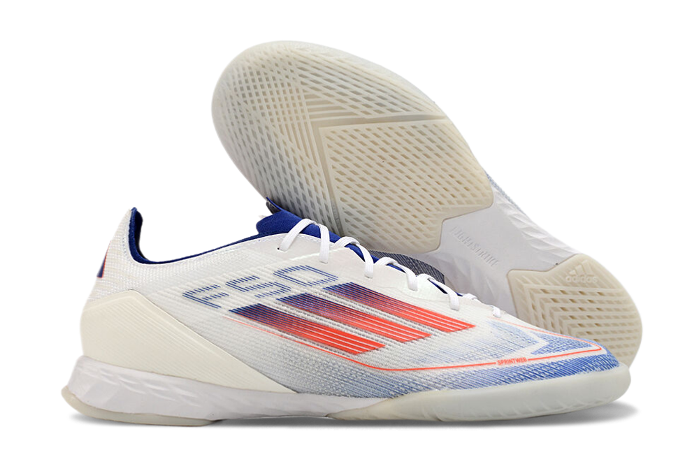 Chuteira Futsal Adidas F50 IC Branca, Azul e Vermelha