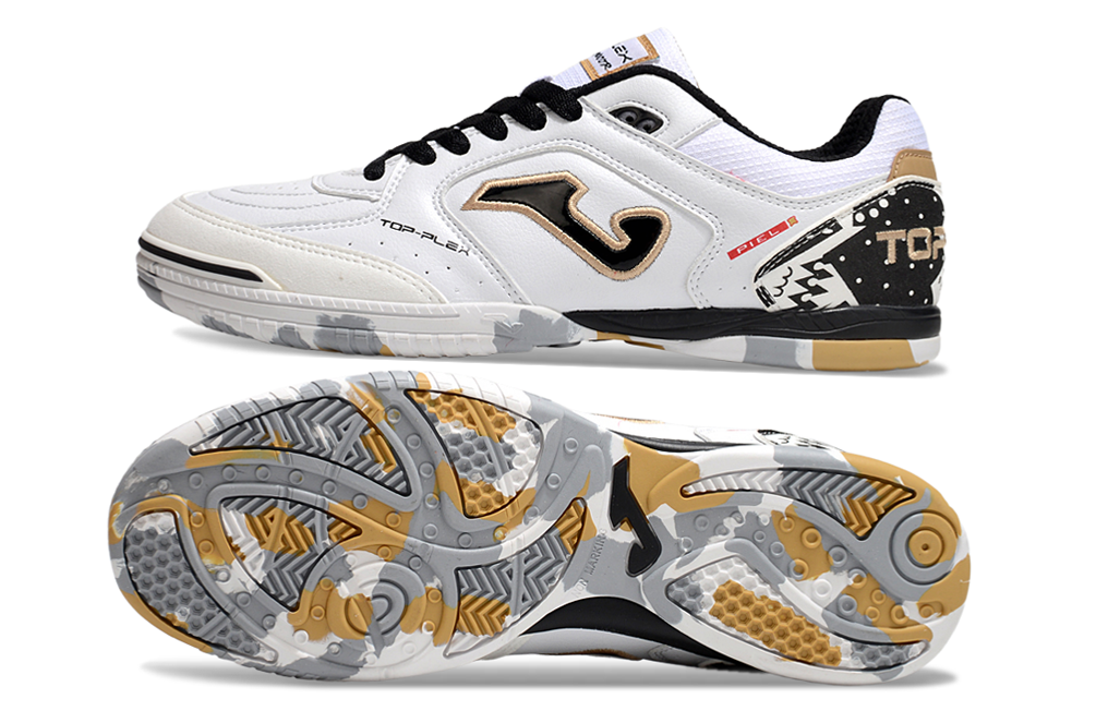 Chuteira Futsal Joma Top Flex Rebound IC Branca, Preta e Laranja com design moderno e tecnologia Rebound.