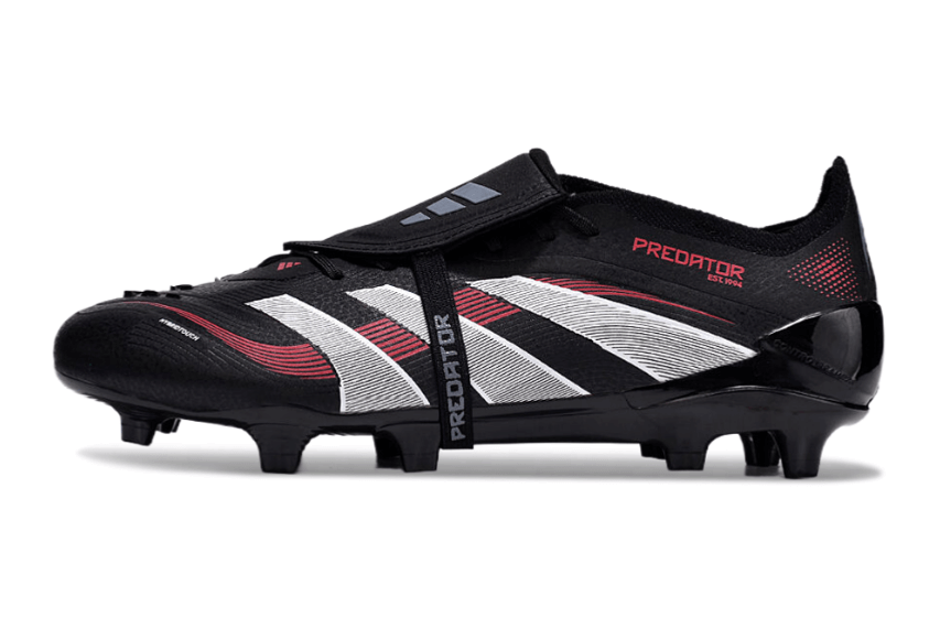 Chuteira Adidas 25 Predator Elite Tongue FG em preto e vermelho, ideal para desempenho em campo.