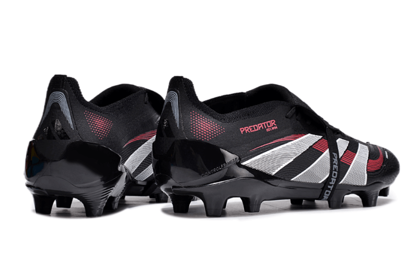 Chuteira Adidas 25 Predator Elite Tongue FG em design preto e vermelho, ideal para desempenho em campo.