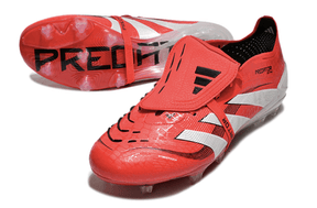 Chuteira Adidas 25 Predator Elite Tongue FG em vermelho e branco, design moderno com língua tradicional.
