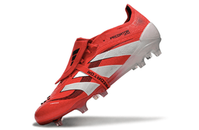 Chuteira Adidas 25 Predator Elite Tongue FG em design vermelho e branco, com língua tradicional e tecnologia de ponta.