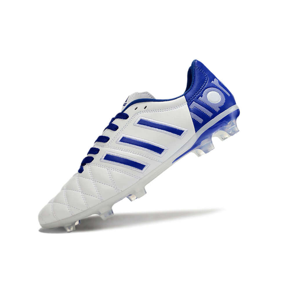 Chuteira Adidas AdiPure 11 Pro FG Branca e Azul com design elegante e confortável para jogadores.