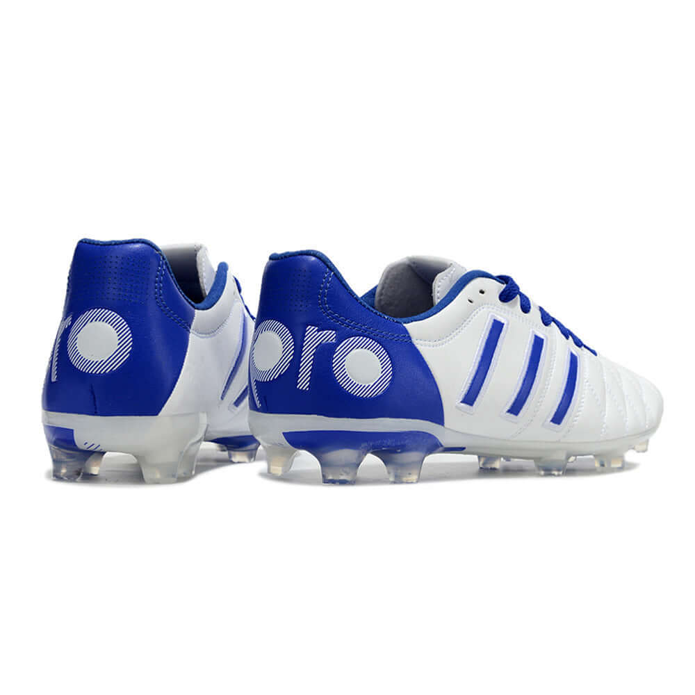 Chuteira Adidas AdiPure 11 Pro FG Branca e Azul com design elegante e firme ajuste para desempenho em campo.