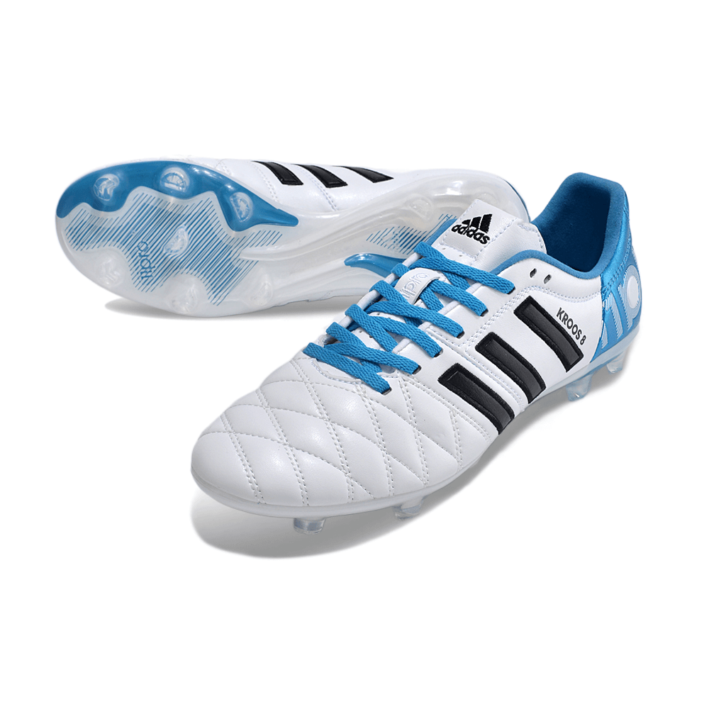 Chuteira Adidas AdiPure 11 Pro FG Branca e Azul - Toni Kroos, com design elegante e tecnologia avançada para desempenho em campo.