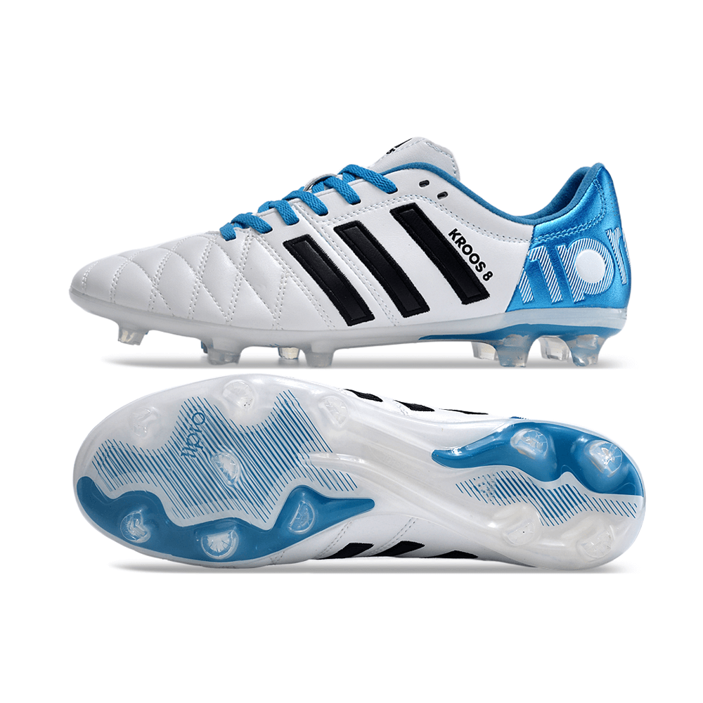 Chuteira Adidas AdiPure 11 Pro FG Branca e Azul - Toni Kroos com design inovador e sola de alta performance.