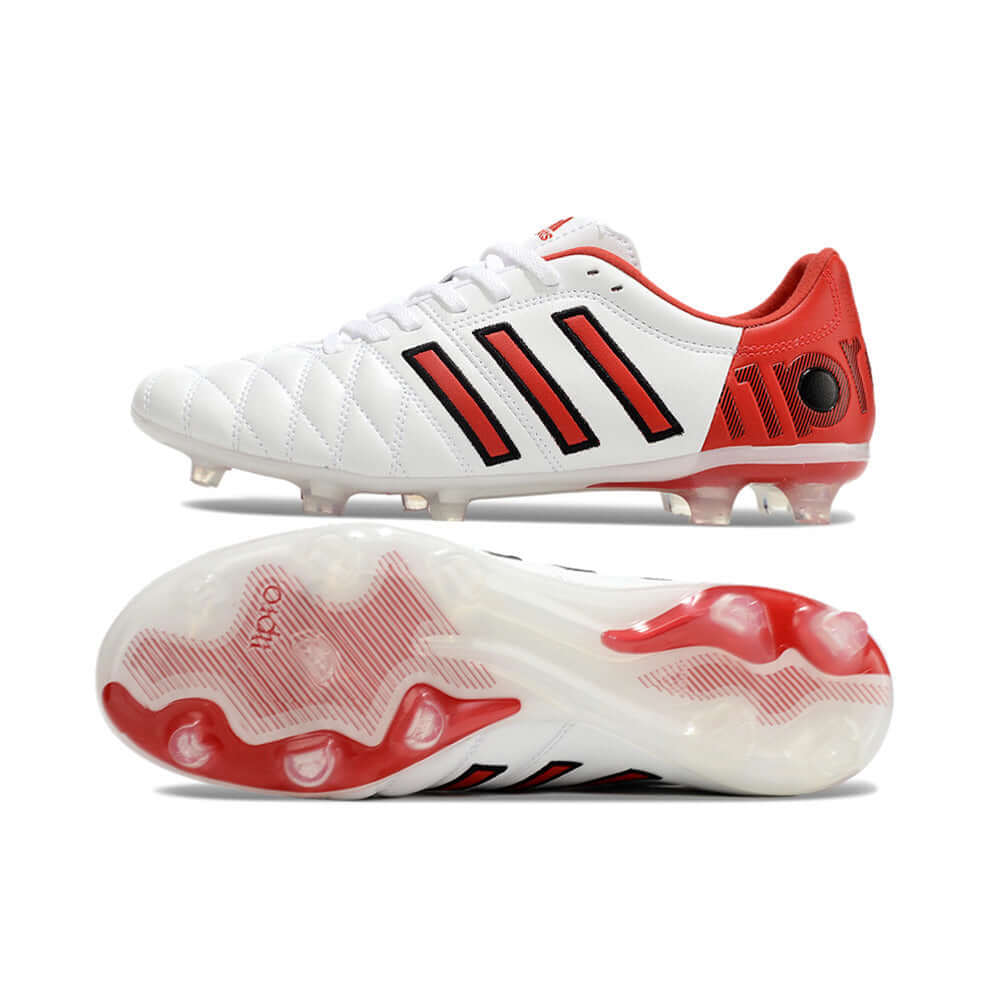 Chuteira Adidas AdiPure 11 Pro FG Branca e Vermelha lateral com solado visível