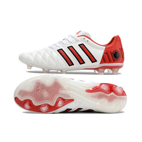 Chuteira Adidas AdiPure 11 Pro FG Branca e Vermelha lateral com solado visível