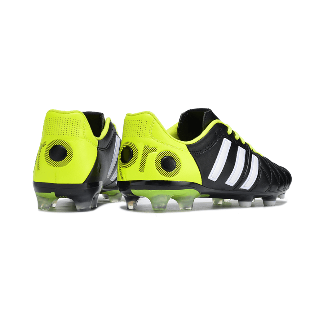 Chuteira Adidas AdiPure 11 Pro FG Preta e Amarela com detalhes em verde e preto