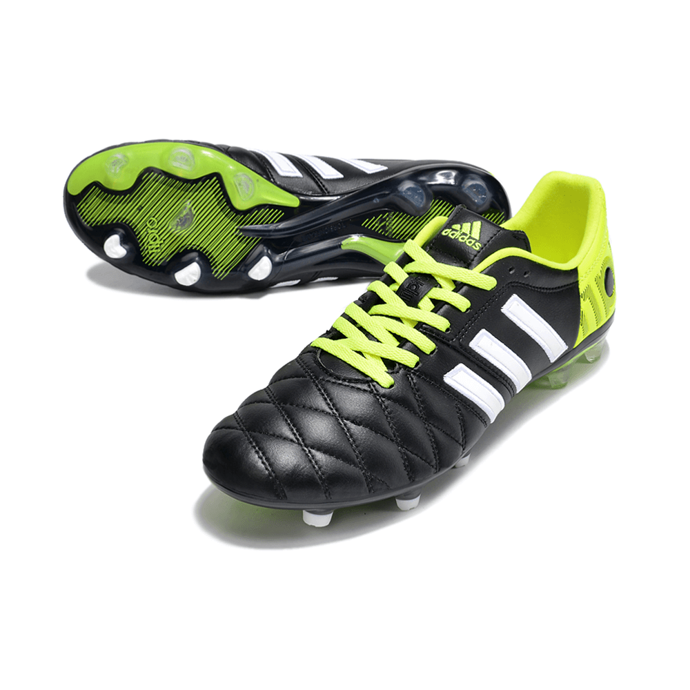 Chuteira Adidas AdiPure 11 Pro FG Preta e Amarela com detalhes em verde e branco, ideal para performance em campo.