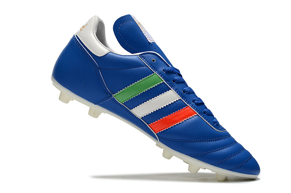 Chuteira Adidas Copa Mundial FG Azul, Vermelha e Verde com design vibrante e performance superior para futebol.