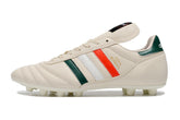 Chuteira Adidas Copa Mundial FG Bege, Vermelha e Preta vista lateral em fundo branco, destacando design clássico e cores vibrantes.