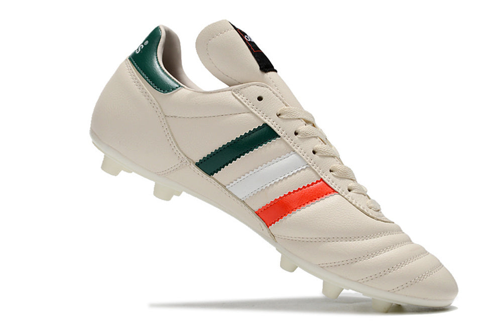 Chuteira Adidas Copa Mundial FG Bege, Vermelha e Preta com design tricolor e estilo icônico para futebol.