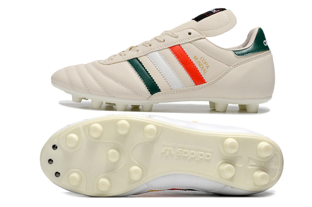 Chuteira Adidas Copa Mundial FG Branca, Amarela e Preta com design tricolor e solado para gramados naturais.