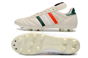 Chuteira Adidas Copa Mundial FG Branca, Amarela e Preta com design tricolor e solado para gramados naturais.