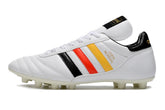 Chuteira Adidas Copa Mundial FG Branca, Amarela e Preta lateral com design icônico e vibrante.