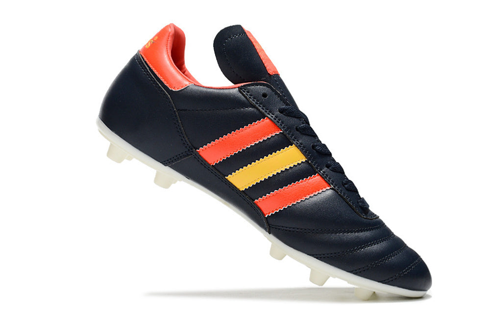 Chuteira Adidas Copa Mundial FG Preta, Vermelha e Amarela em design com cores vibrantes e tecnologia para desempenho no futebol.