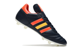 Chuteira Adidas Copa Mundial FG Preta, Vermelha e Amarela em design com cores vibrantes e tecnologia para desempenho no futebol.
