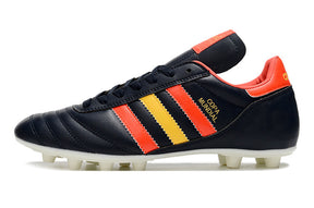 Chuteira Adidas Copa Mundial FG Preta, Vermelha e Amarela com design icônico e cores vibrantes.