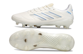 Chuteira Adidas Copa Pure III Elite FG Branca com sola FG e design branco e azul, ideal para controle em campo.