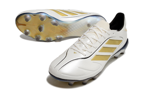 Chuteira Adidas Copa Pure III Elite FG -Branca e Dourada com design elegante e sola FG para tração em campo.
