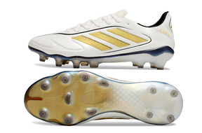 Chuteira Adidas Copa Pure III Elite FG -Branca e Dourada, botins de futebol com sola FG e design premium.