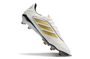 Chuteira Adidas Copa Pure III Elite FG -Branca e Dourada vista lateral com detalhes em dourado