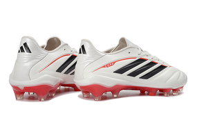 Chuteira Adidas Copa Pure IV Elite FG - Born For Goals Pack, visualização lateral em cor branca e detalhes em preto e vermelho.