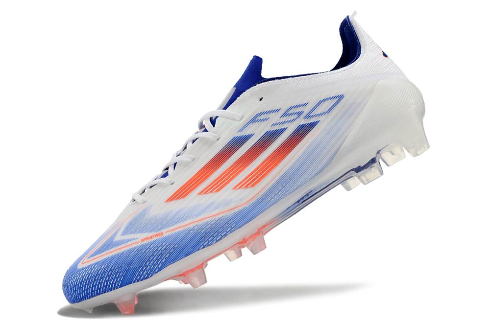 Chuteira Adidas F50.1 FG Branca, Azul e Vermelho exibindo design moderno e tecnologia avançada
