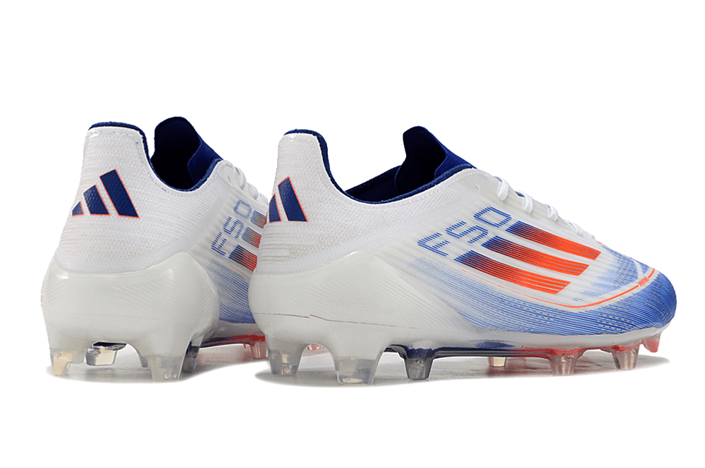 Chuteira Adidas F50.1 FG Branca, Azul e Vermelho vista traseira com design moderno e tecnologia de ponta.