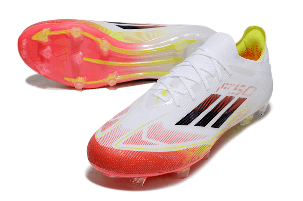 Chuteira Adidas F50.1 FG Branca e Laranja com design moderno e tecnologia de ponta, ideal para futebol.
