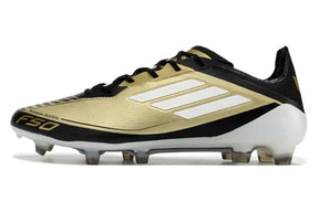 Chuteira Adidas F50.1 FG Dourada, Preta e Branca com design elegante e tecnologia avançada.