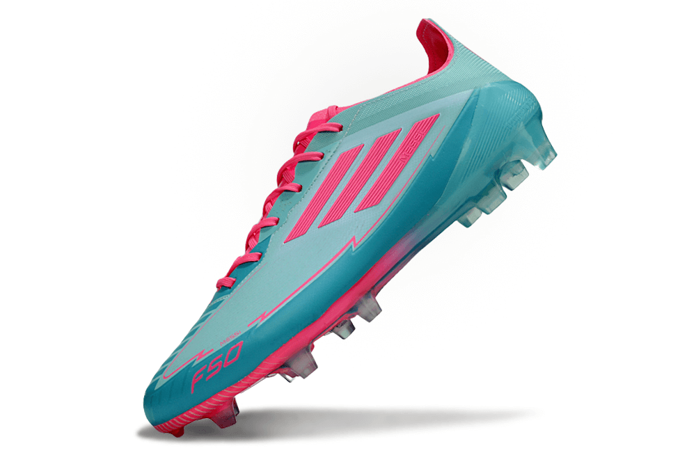 Chuteira Adidas f50 Elite FG - Azul e Rosa, destacando design vibrante e tecnologia para desempenho no futebol.