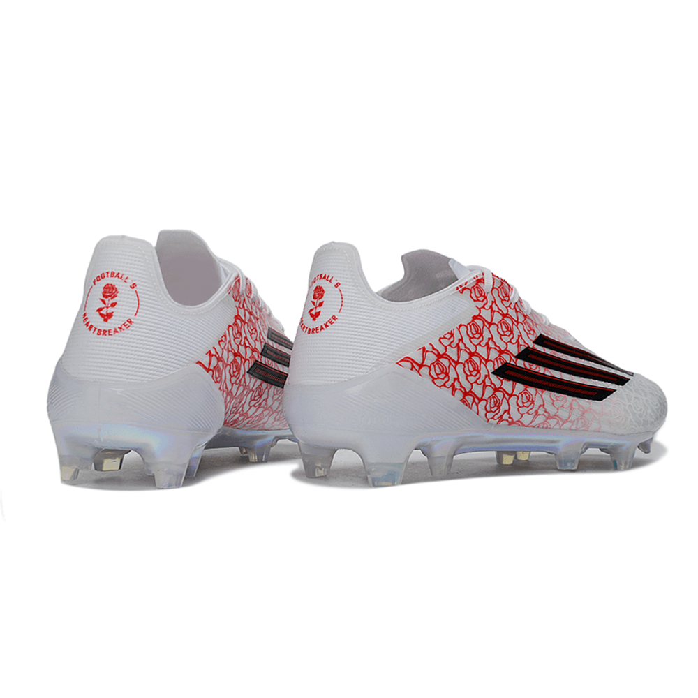 Chuteira Adidas F50 Elite FG Branca e Rosa "Lamine Yamal" com detalhes em vermelho e preto.