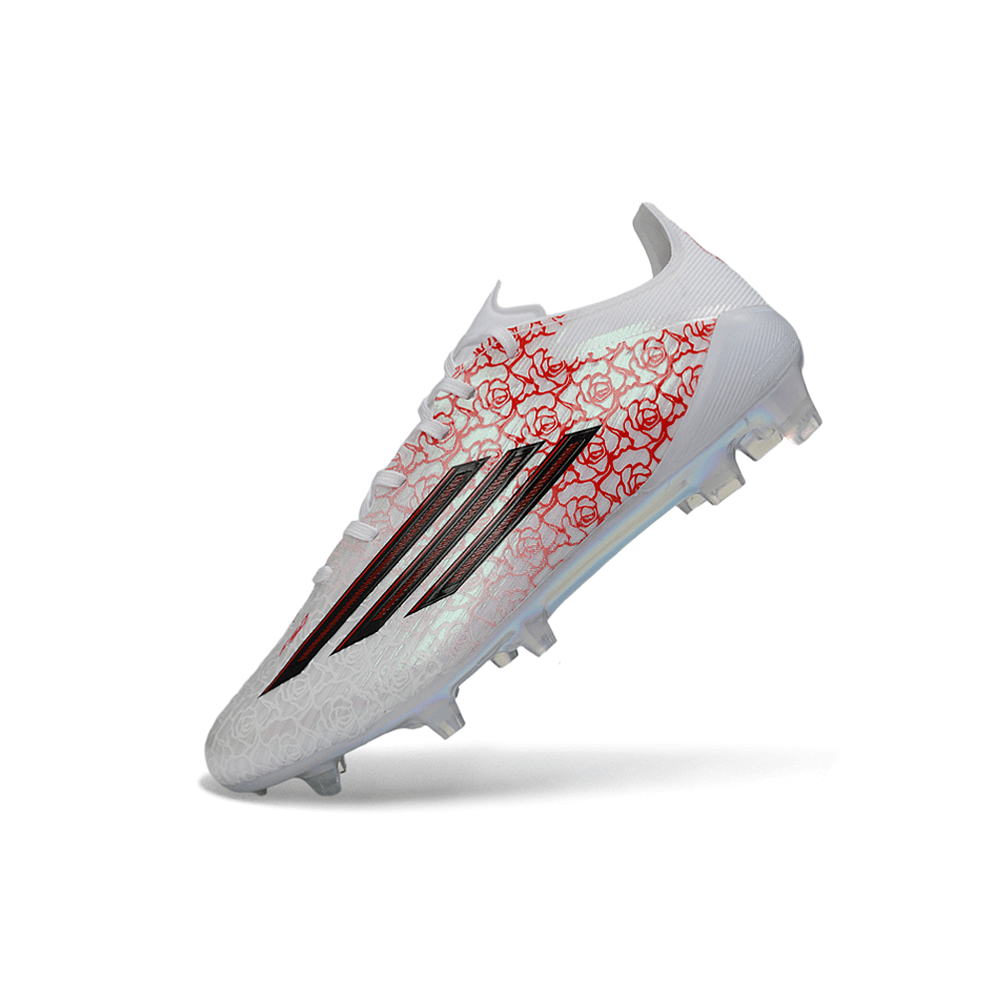 Chuteira Adidas F50 Elite FG Branca e Rosa "Lamine Yamal" com design estilizado e detalhes em rosa.