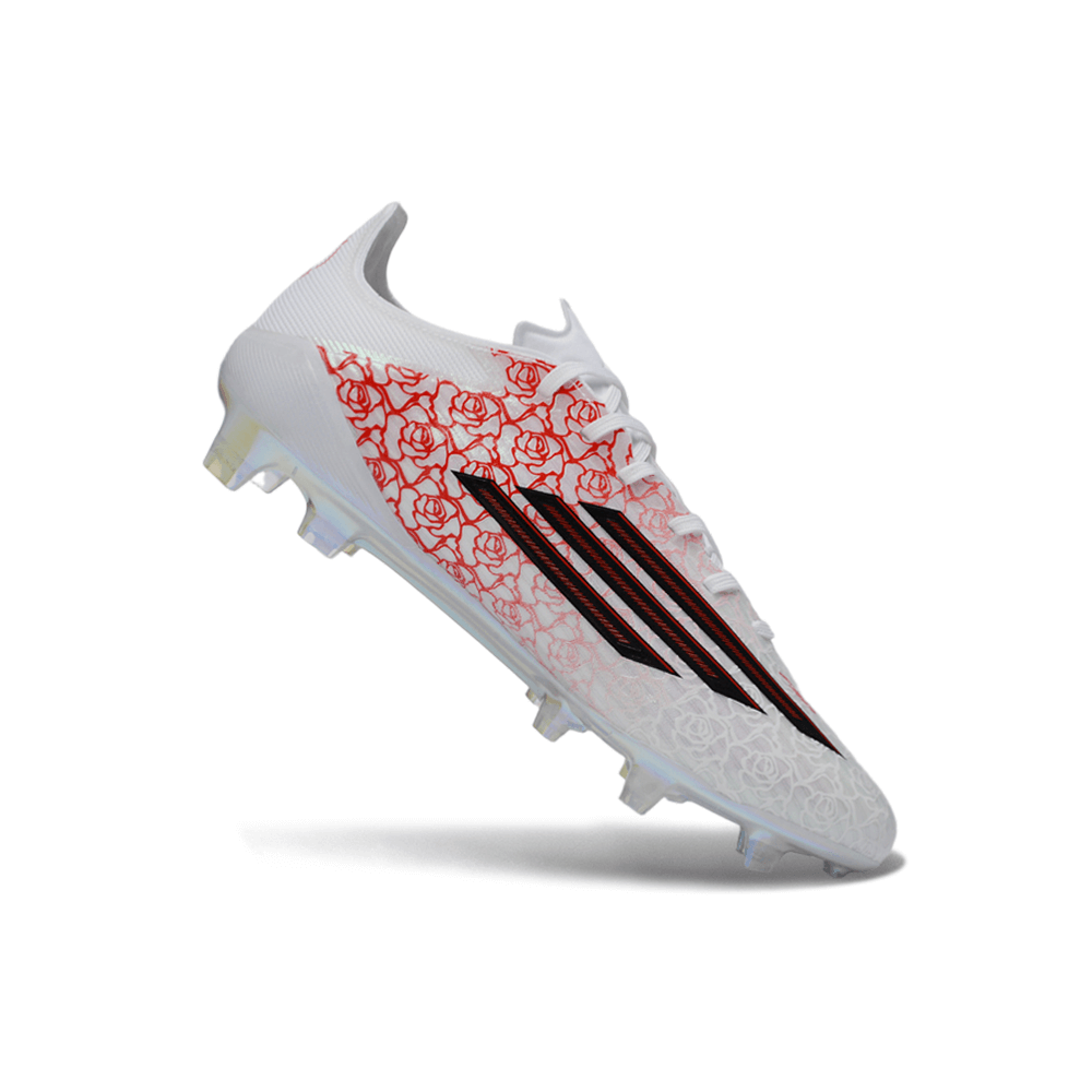 Chuteira Adidas F50 Elite FG Branca e Rosa "Lamine Yamal" com design floral vermelho e detalhes em preto.