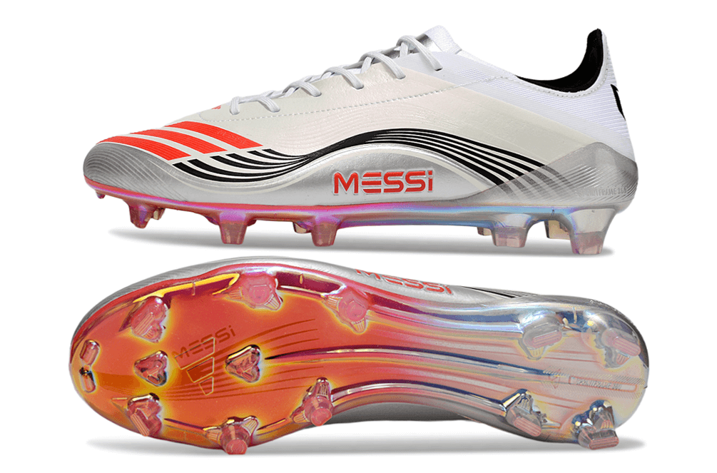 Chuteira Adidas F50 Elite FG Messi - Branca, com design leve e tecnológico, ideal para desempenho no futebol.