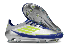 Chuteira Adidas F50 Elite FG - Prata e Azul com design moderno e tecnologia FG para desempenho em campo.