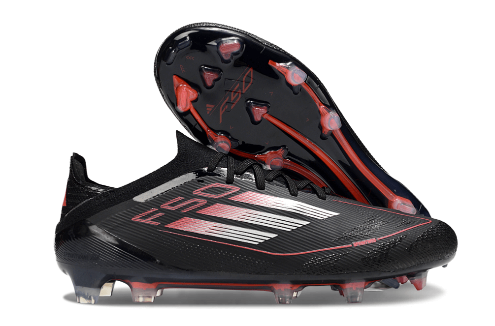 Chuteira Adidas F50 Elite FG - Preta e Vermelha com design elegante e tecnologia FG para desempenho em campo.