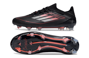 Chuteira Adidas F50 Elite FG - Preta e Vermelha: vista lateral e solado em tecnologia FG para desempenho em campo.