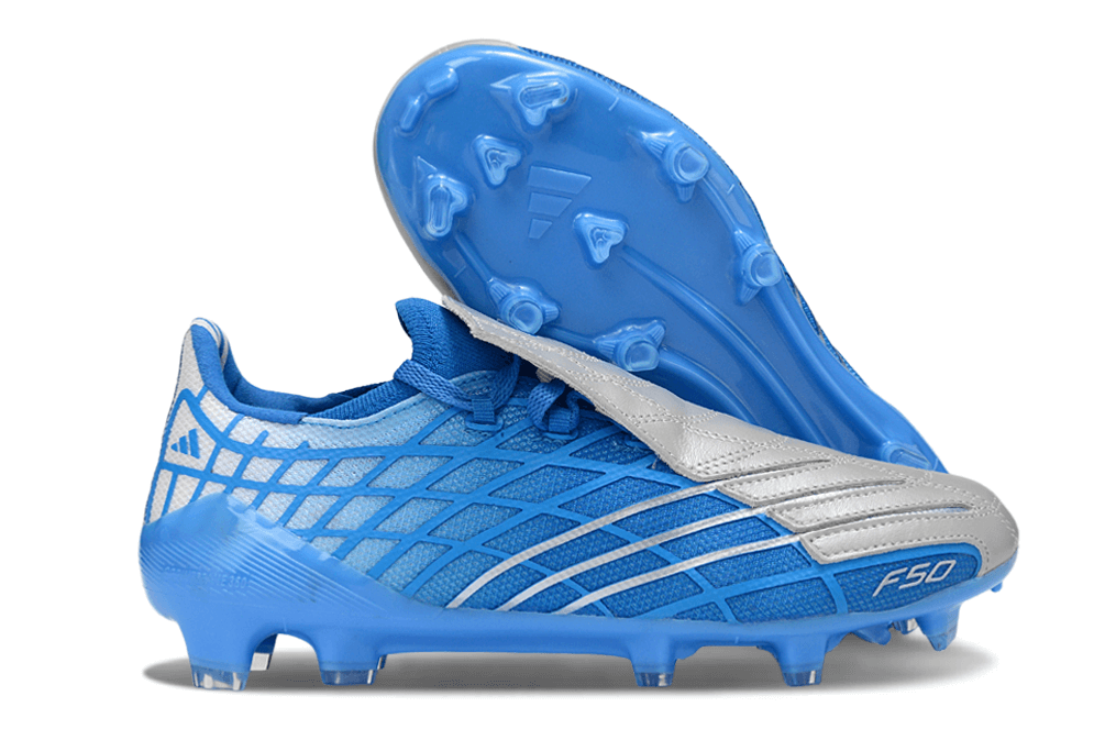 Chuteira Adidas F50 Elite FG Spider Azul em tonalidade azul e prata com design moderno.