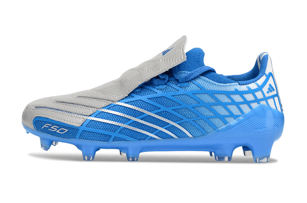Chuteira Adidas F50 Elite FG Spider Azul em azul e prata, ideal para desempenho em campo.