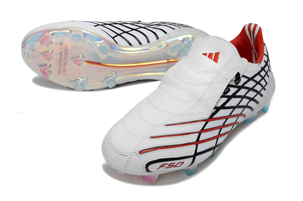 Chuteira Adidas F50 Elite FG Spider Branca e Vermelha com design inovador e tecnologia avançada para futebol.