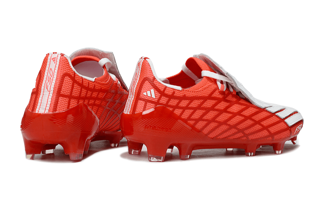 Chuteira Adidas F50 Elite FG Spider Branca e Vermelha, vista traseira em vermelho e branco para futebol.