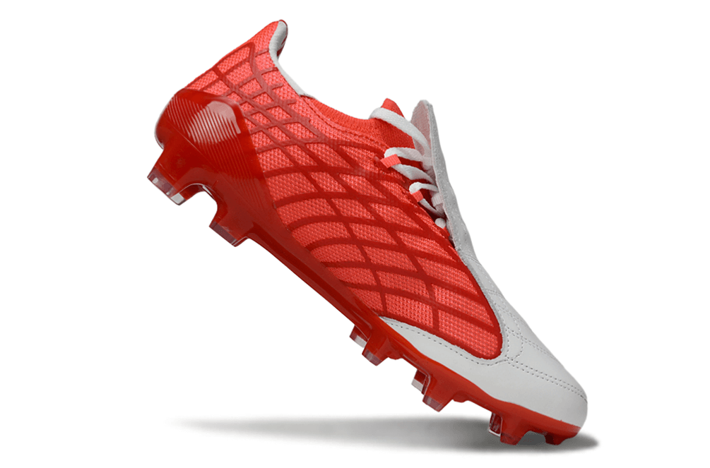 Chuteira Adidas F50 Elite FG Spider Branca e Vermelha, ideal para futebolistas, com design inovador e tecnologia Spider.