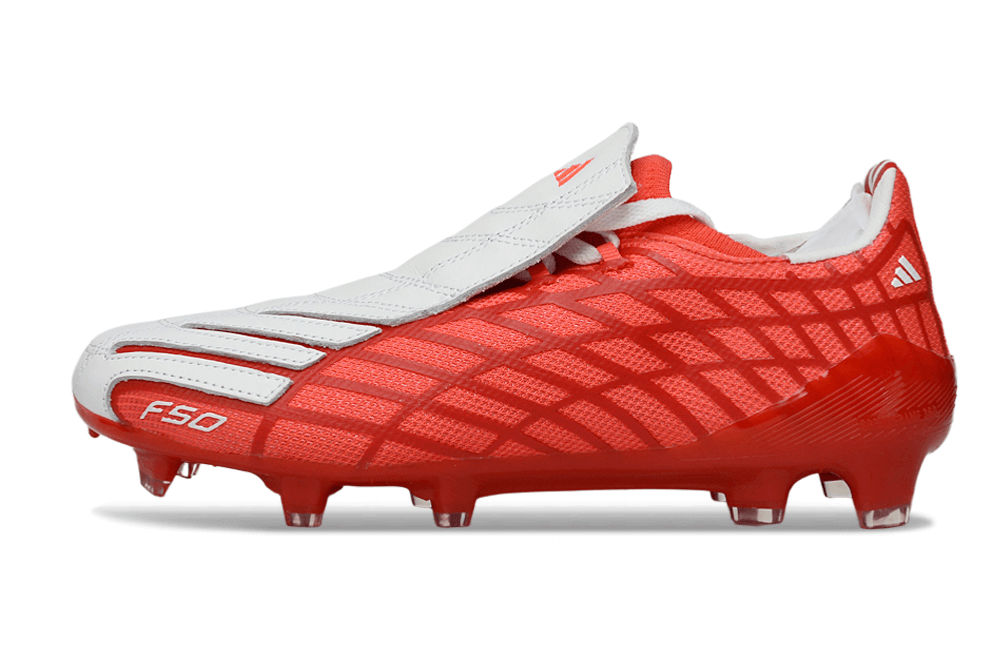 Chuteira Adidas F50 Elite FG Spider Branca e Vermelha, com design inovador para futebolistas de alto desempenho.